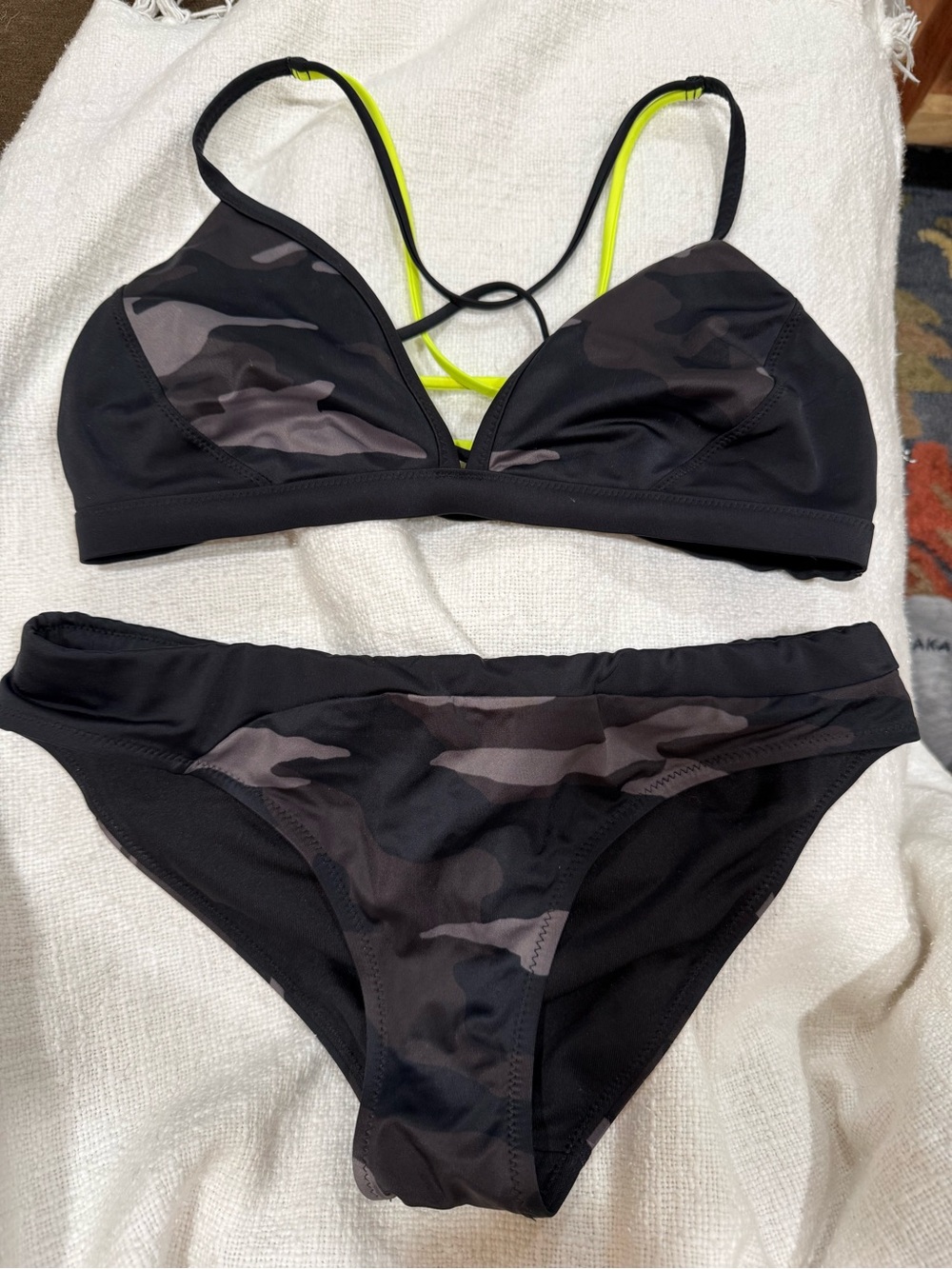 Athleta Black Camo Bikini Set with Neon Straps xs